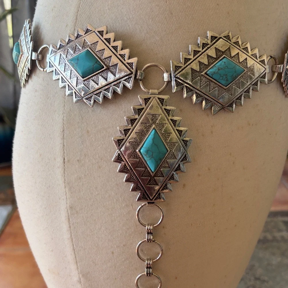 Aztec style silver tone belt
